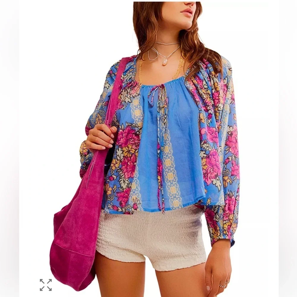 Free People Elena Print top drawstring floral blouse Small